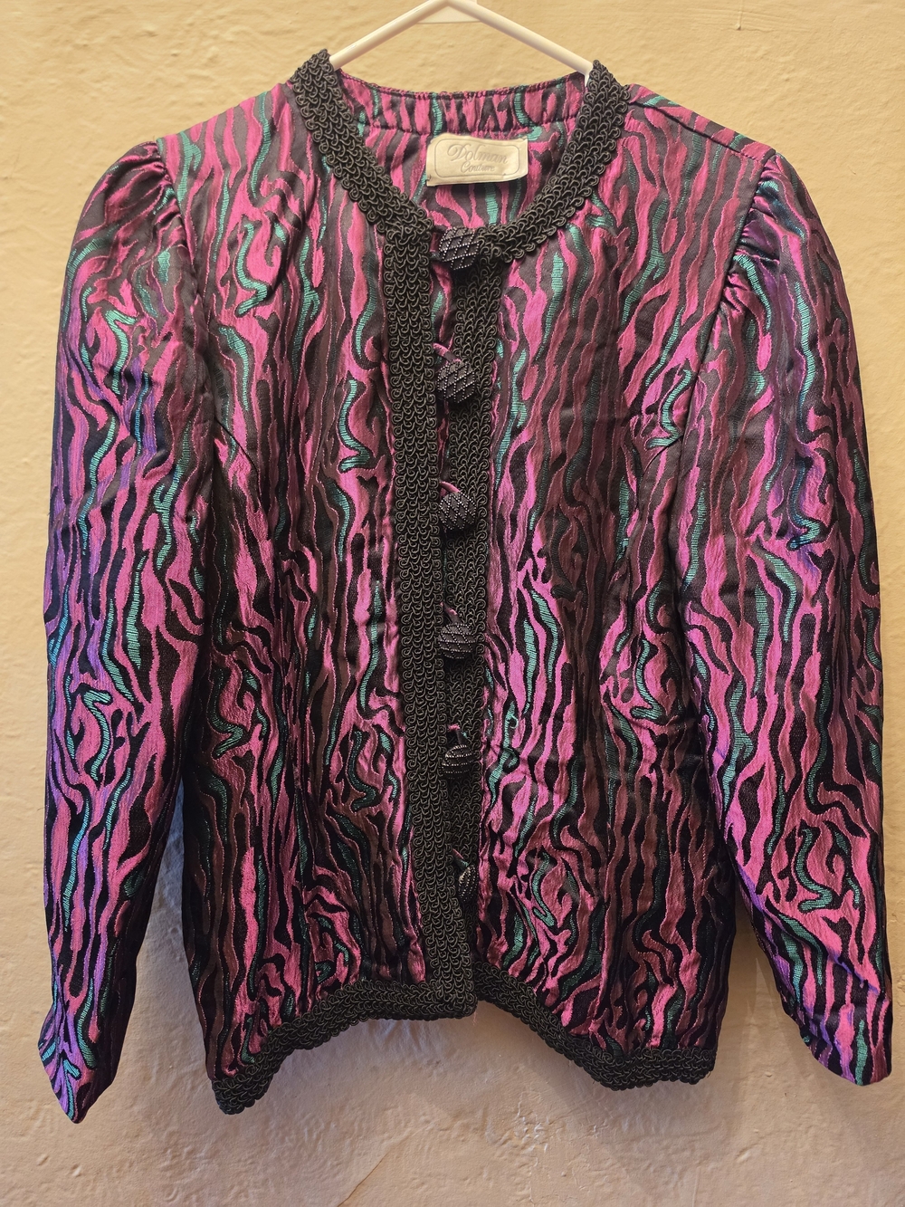 Vintage Dolman Couture Metallic Jacquard Jacket Frog Closure 80s Glam